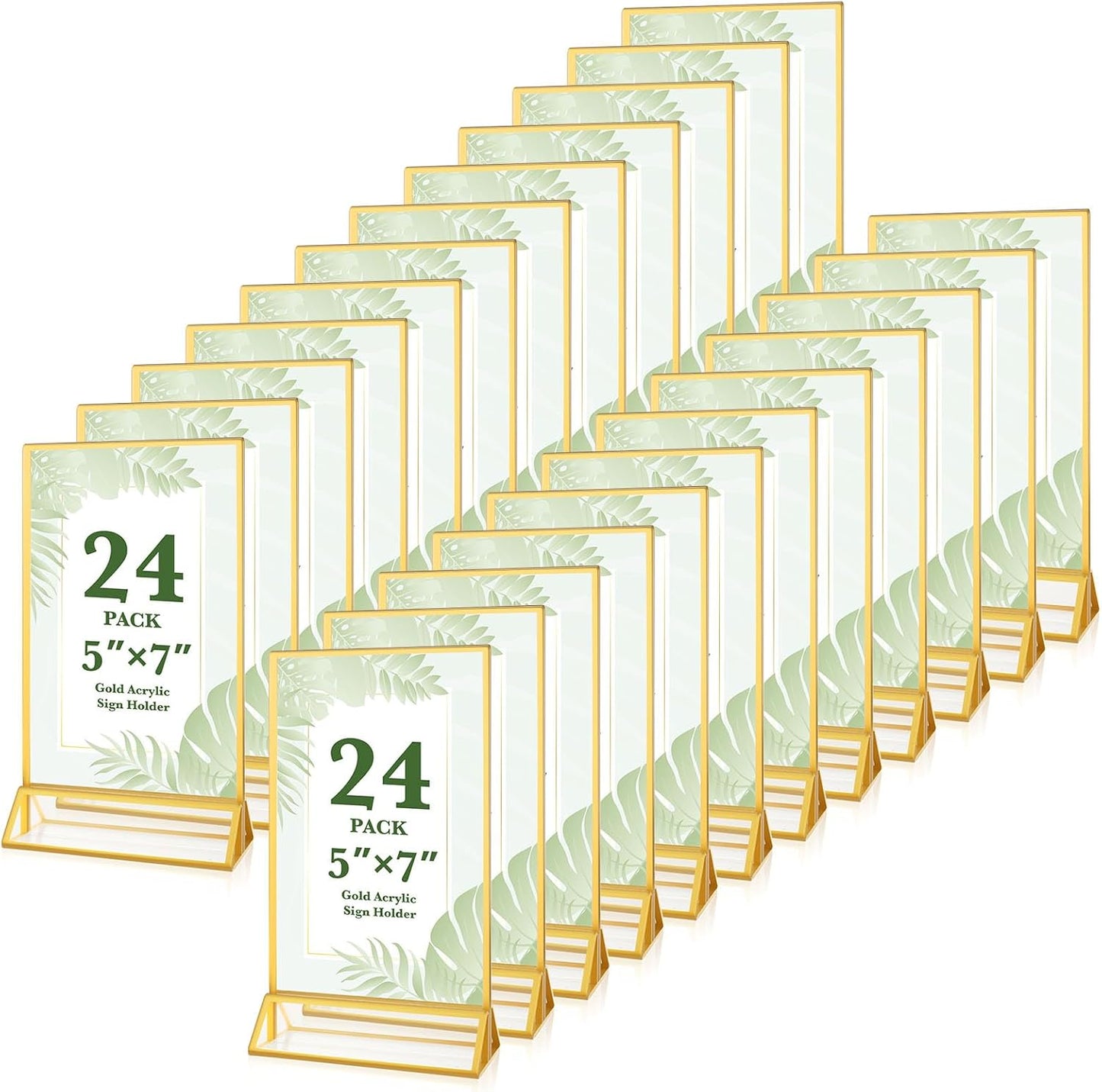 24 Pack 5x7 Gold Acrylic Sign Holders, Double Sided Picture Frame Stands, Clear Table Menu Holder Display Stand for Wedding Table Numbers, Restaurant Signs, Party, Office Photos