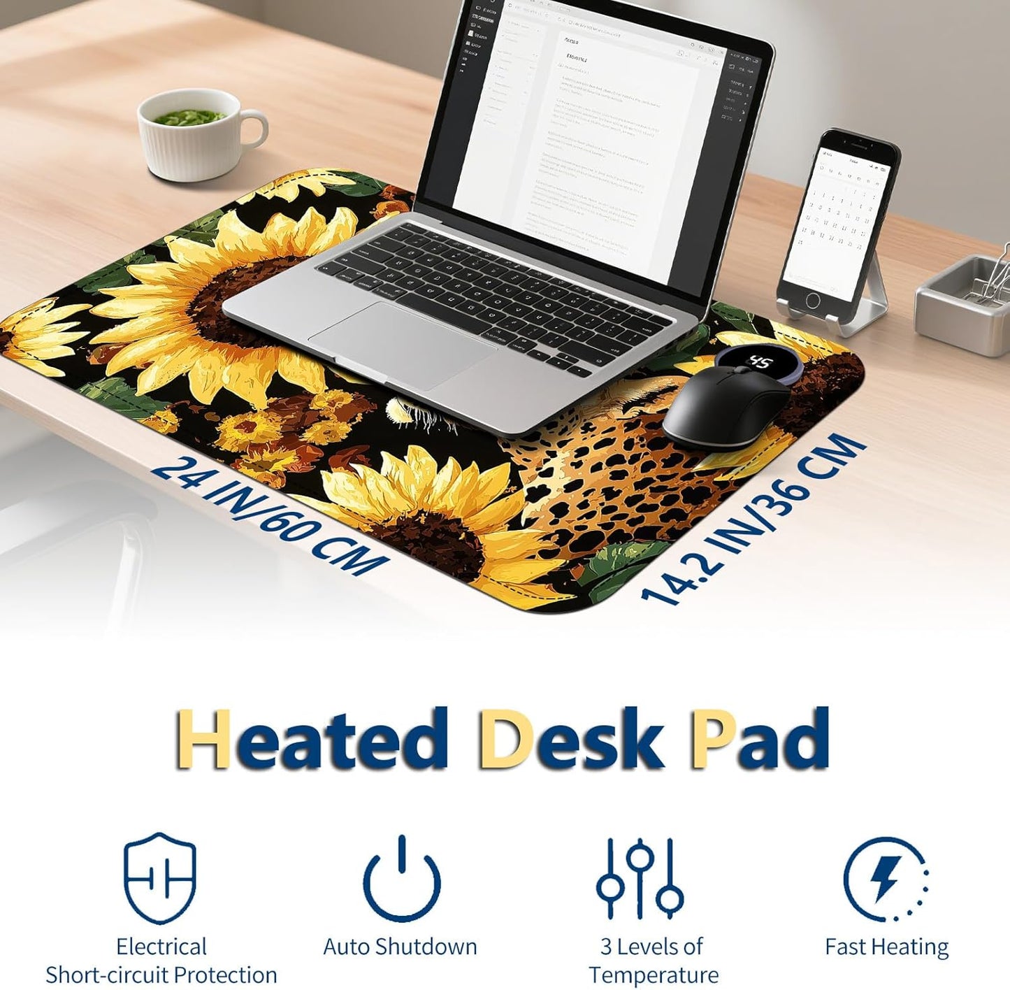 Heated Mouse Pad with 3 Temperature Settings(104°F–122°F),Large 24x14.2 Inch PU Leather Heated Desk Mat,Waterproof Warming Pad for Office,Gaming & Cold Hands Relief,Sunflowers Leopard Print