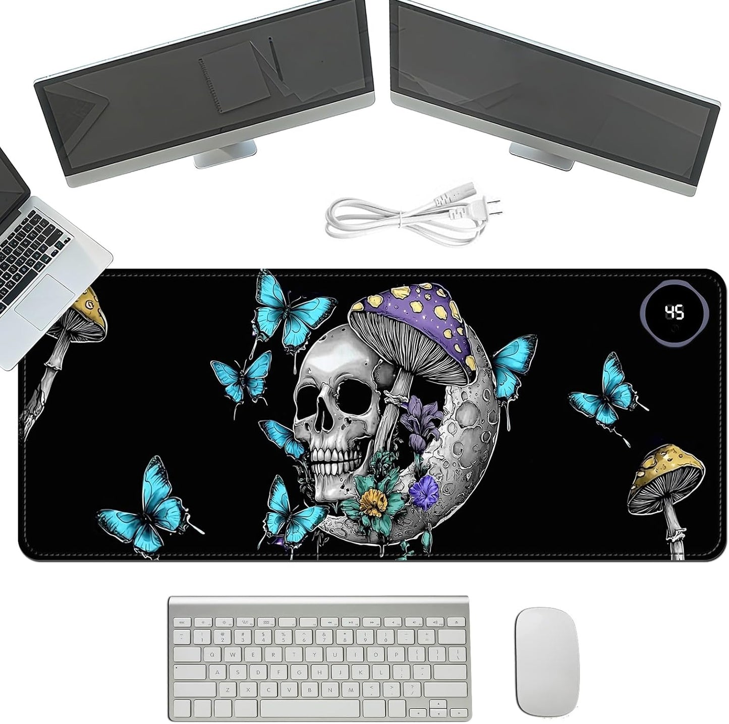 Heated Mouse Pad with 3 Temperature Settings(104°F–122°F),Large 31.5x13 Inch PU Leather Heated Desk Mat,Waterproof Warming Pad for Office,Gaming & Cold Hands Relief,Skeleton Moon Mushroom