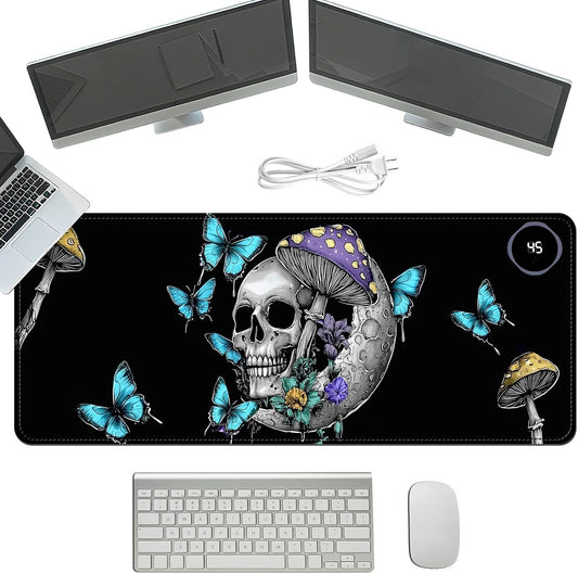 Heated Mouse Pad with 3 Temperature Settings(104°F–122°F),Large 31.5x13 Inch PU Leather Heated Desk Mat,Waterproof Warming Pad for Office,Gaming & Cold Hands Relief,Skeleton Moon Mushroom