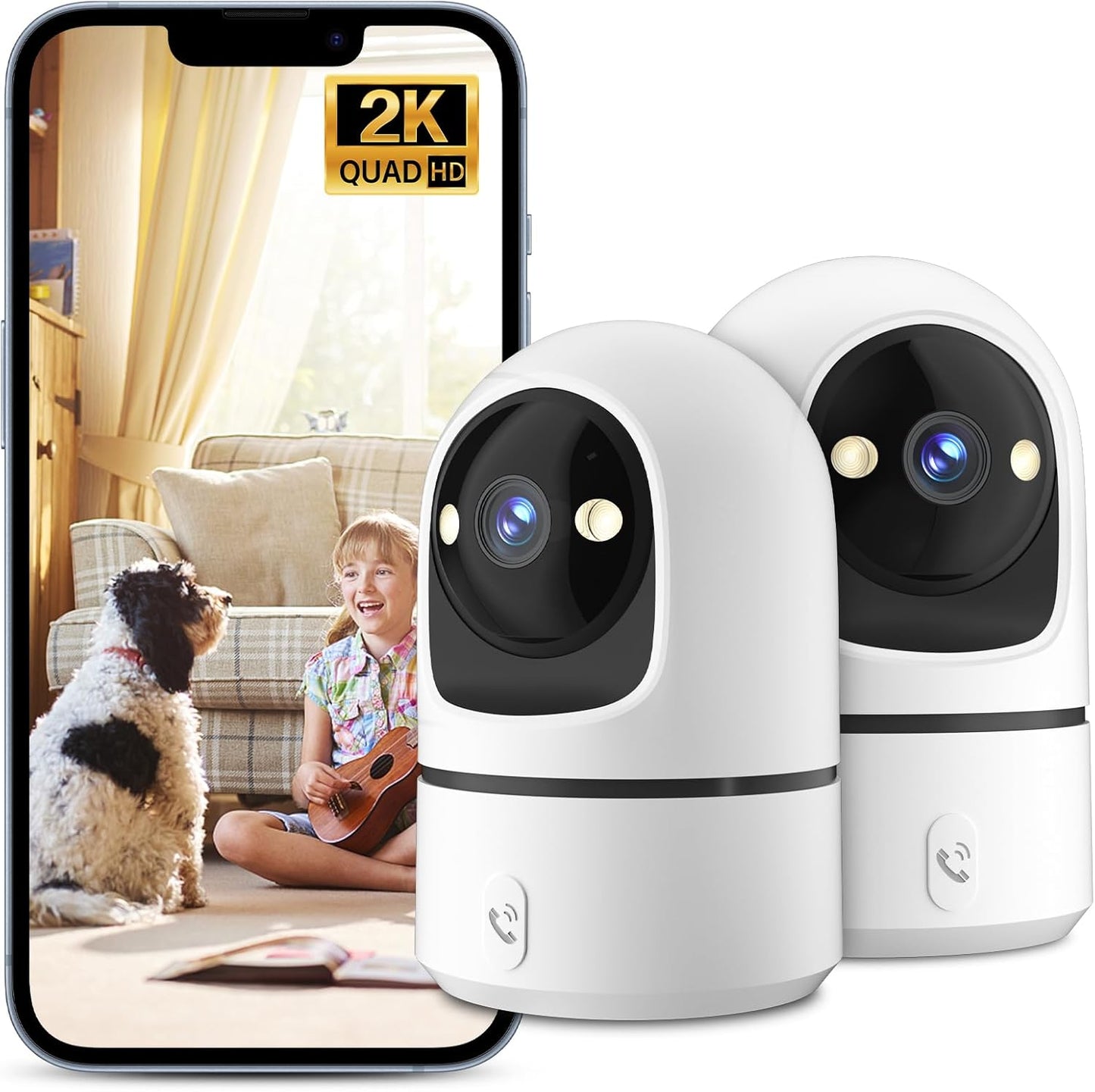 2K Indoor Security Camera, 360° WiFi Cameras for Home Security, Baby/Pet Camera with Phone App, One-Touch Call, Auto Tracking, IR Night Vision, Motion Detection, 2.4Ghz WiFi (2 Pack)