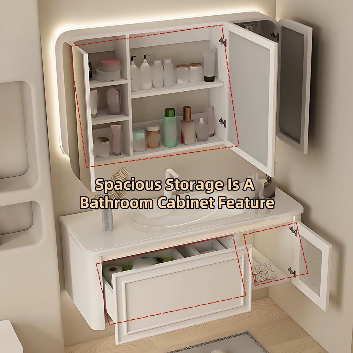 64IN Wall Mounted Bathroom Vanity Set - Wood Bathroom Vanities has Tissue Hole Design | Includes Smart Defogging Mirror Cabinet & Time Display, Rounded Corners, Glass Cabinet Doors (Style A)