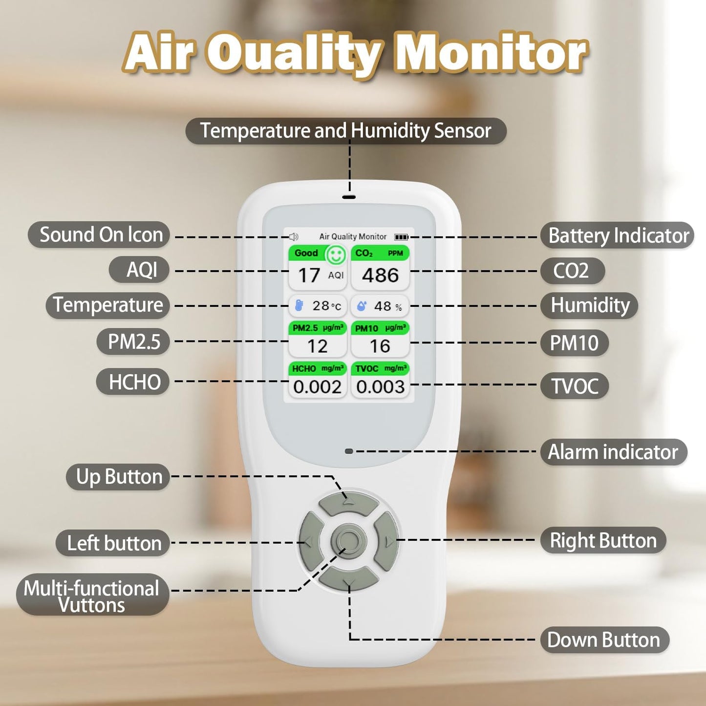 11-in-1 Air Quality Monitor - Portable Indoor Air Quality Detector with Stand, Real-Time Test for AQI, CO2, PM2.5, PM1.0, PM10, TVOC, HCHO, Particles, Humidity & Temperature