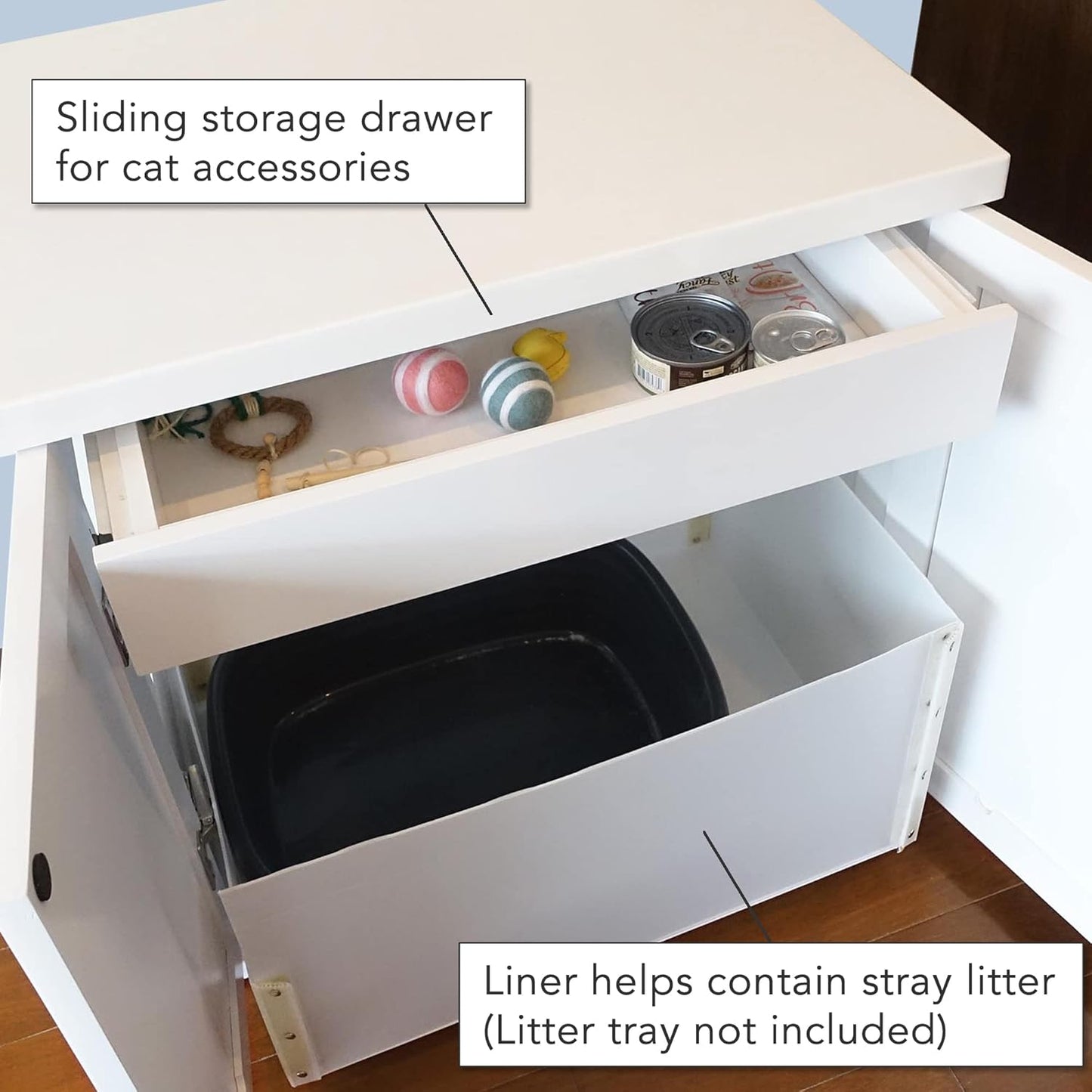 The Refined Feline Cat Litter Box Enclosure Cabinet, Shaker, White, Adjustable Levelers, XLarge, Hidden Litter Cat Furniture with Drawer