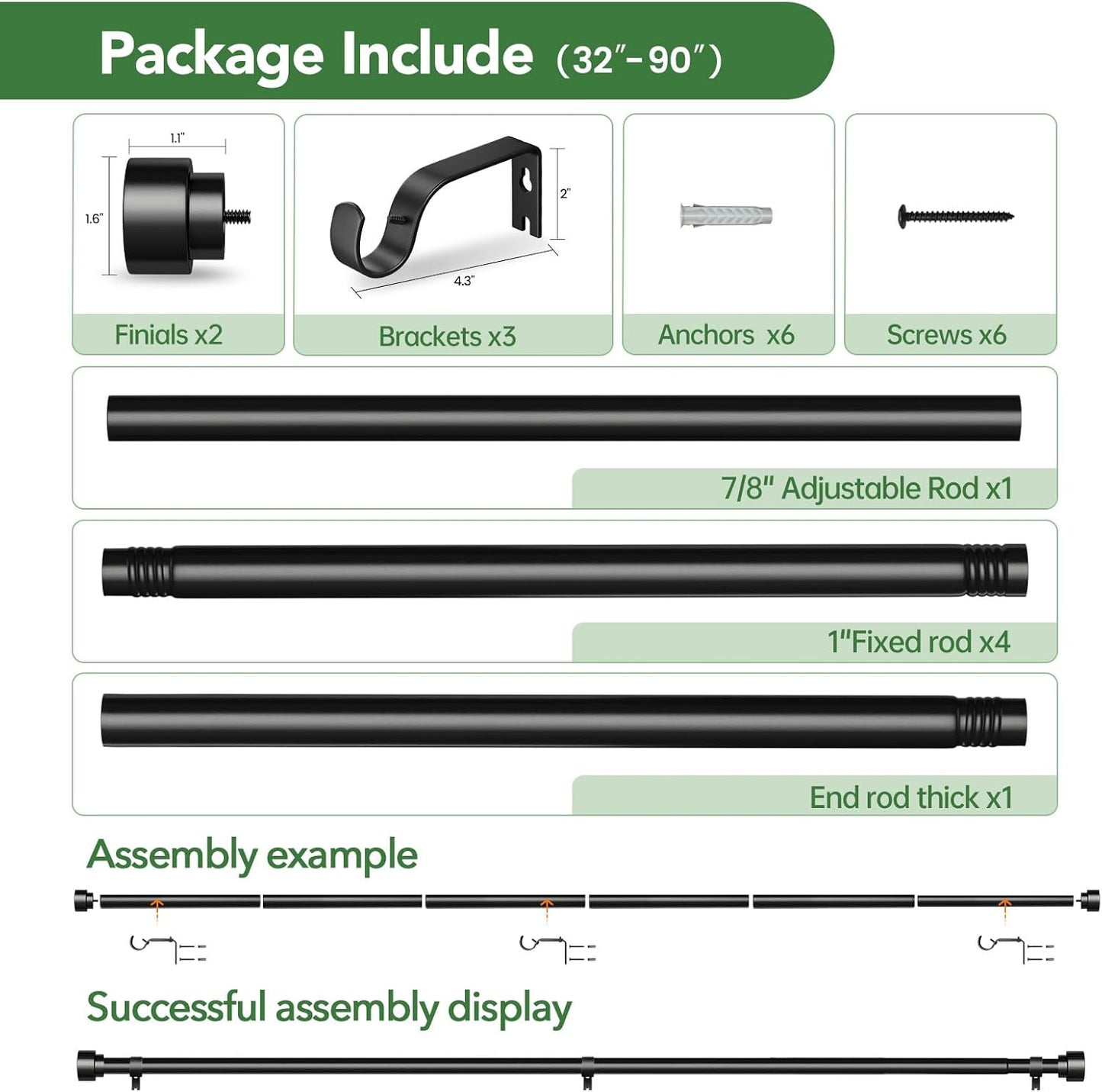 2 Pack Black Curtain Rods for Windows 48 to 84, 1 Inch Adjustable Heavy Duty Long Window Curtain Rod with End Caps, Modern Indoor Outdoor Drapery Rods for Patio Bedroom, Size 32" - 90"