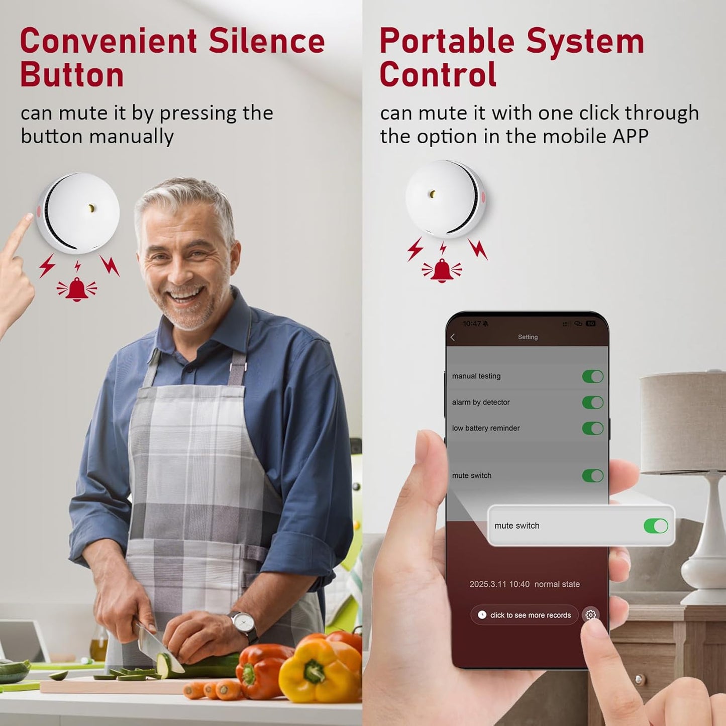 1 Pack Interconnected Smart Smoke Detector Smoke Alarm Bluetooth Real-Time App Alerts, Wi-Fi Smoke Detector Fire Detectors for Home Connectivity & 10-Year Battery Life & Multi-User Binding