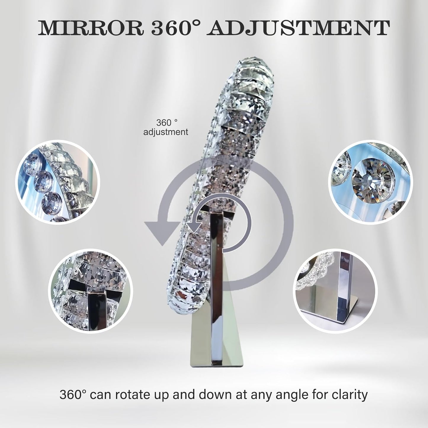 Hollywood Oval Crystal Vanity Mirror with Lights 3 Color Dimmable Large Oval Crystal Lighted Makeup Mirror for Tabletop Desk Vanity Mirror with Lights 360°Rotation Smart Crystal Oval LED Makeup Mirror