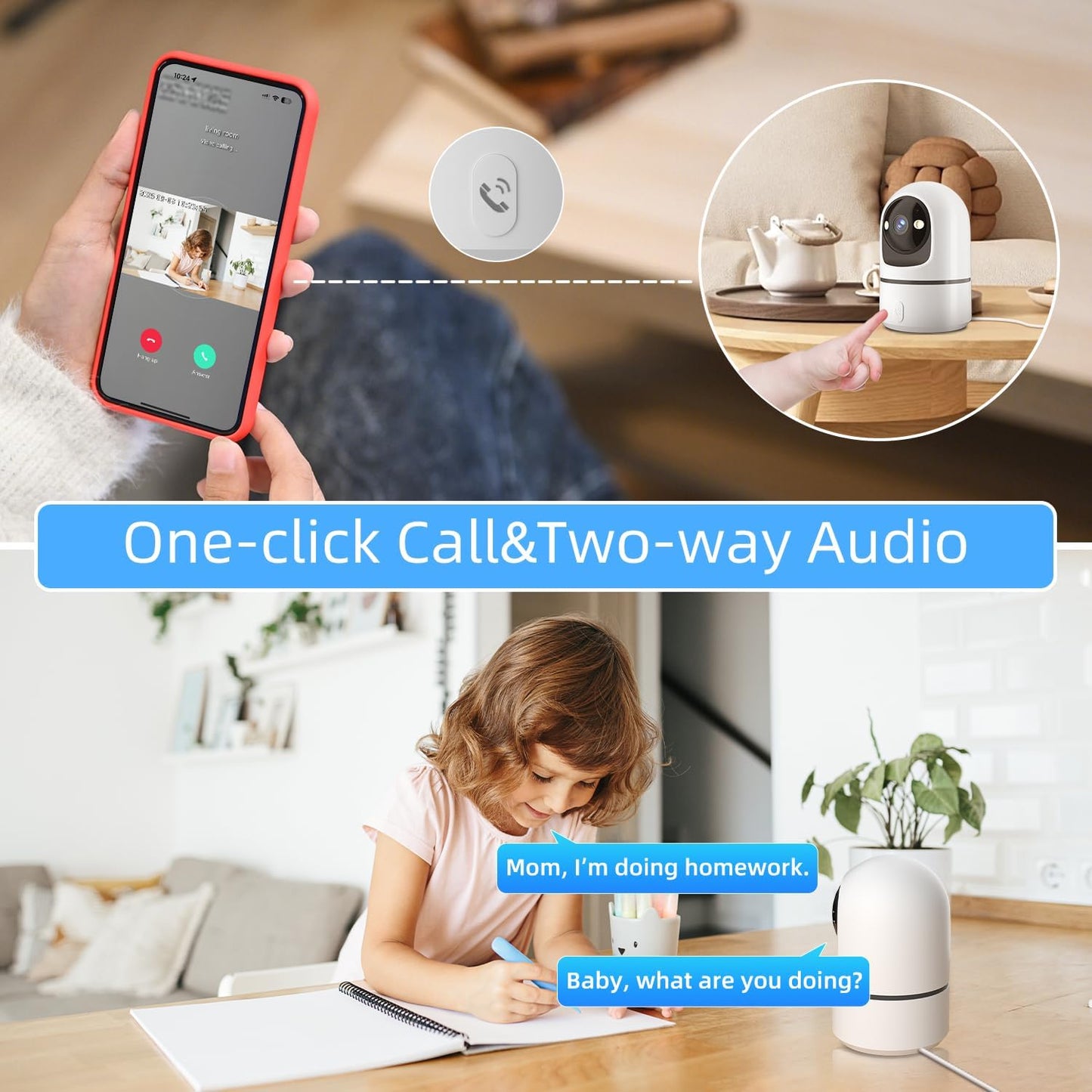 2K Indoor Security Camera, 360° WiFi Cameras for Home Security, Baby/Pet Camera with Phone App, One-Touch Call, Auto Tracking, IR Night Vision, Motion Detection, 2.4Ghz WiFi (2 Pack)