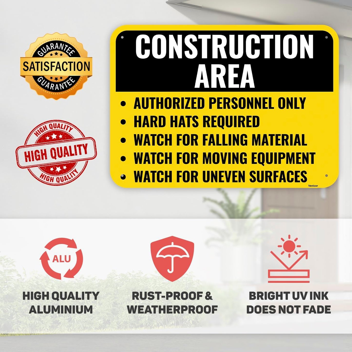 1PC Construction Area Sign, 14 x 10 Inches - Aluminum - Danger Zone Under Construction Safety Site Signs For Jobsites