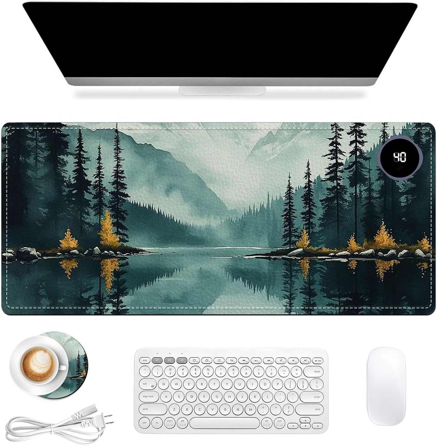 Heated Mouse Pad 31.5x13 in 3-Temp Fast Heating Desk Mat with Auto Timer Warmer for Hands Wrist Pain Relief Waterproof Keyboard Mat for Office, Gaming, Home, Forest Reflections