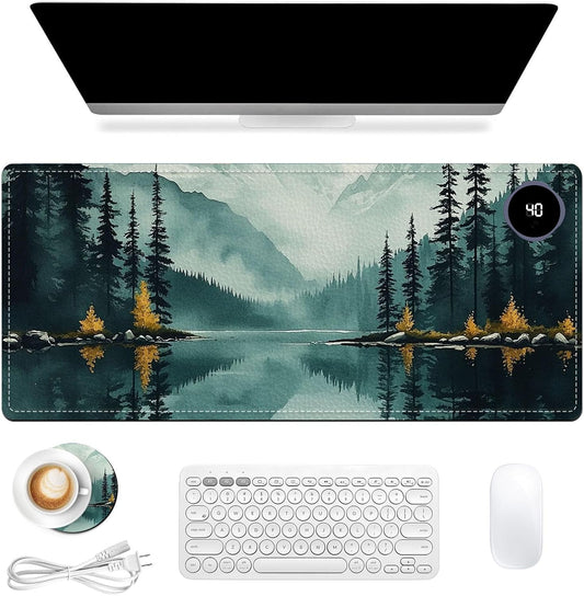 Heated Mouse Pad 31.5x13 in 3-Temp Fast Heating Desk Mat with Auto Timer Warmer for Hands Wrist Pain Relief Waterproof Keyboard Mat for Office, Gaming, Home, Forest Reflections