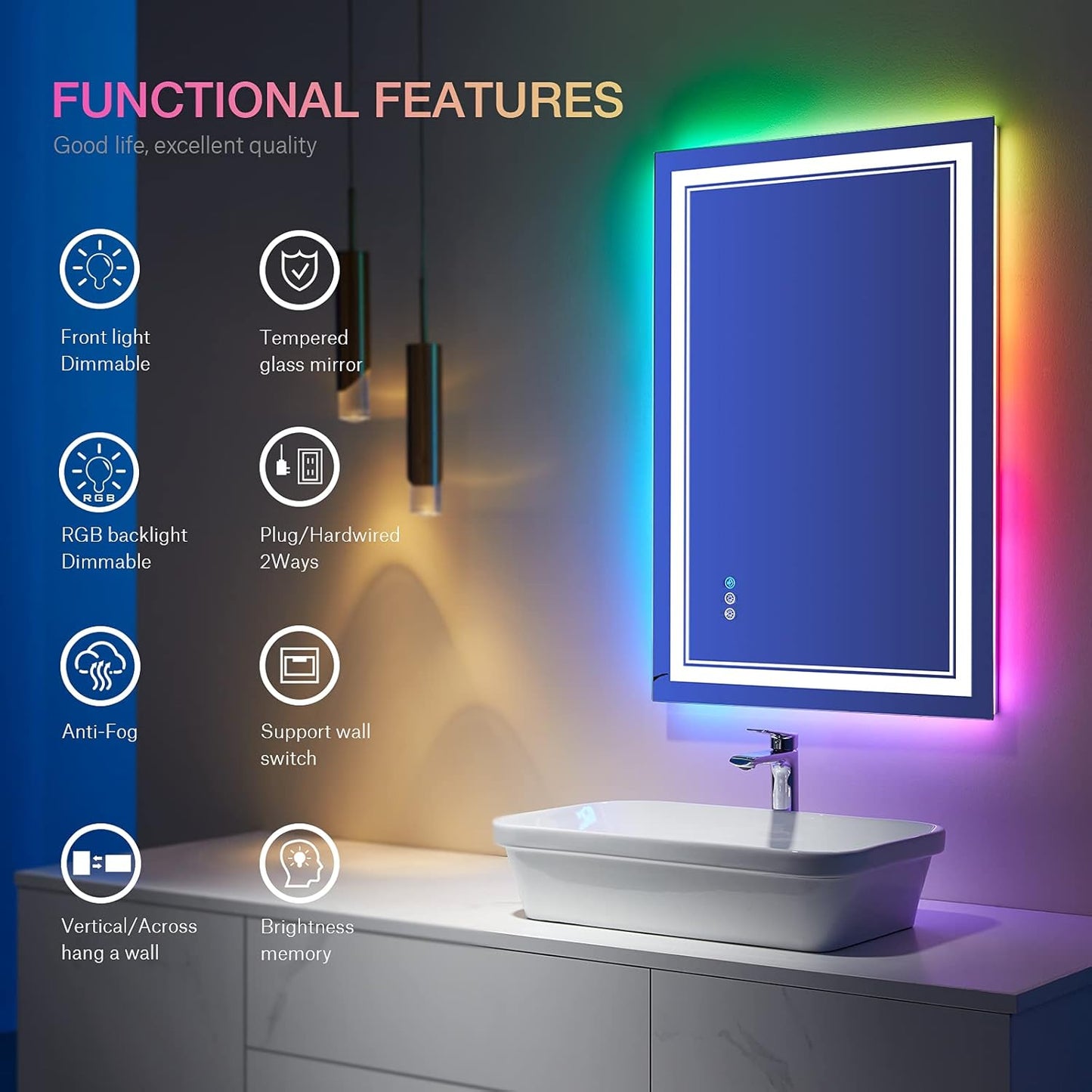 24x32 inch LED Bathroom Mirror RGB Color Changing Backlit Mirror Shatterproof Dimmable Anti-Fog Vanity Mirror with Double Lights (RGB Multicolor Backlit + Adjustable Front-Lighted)