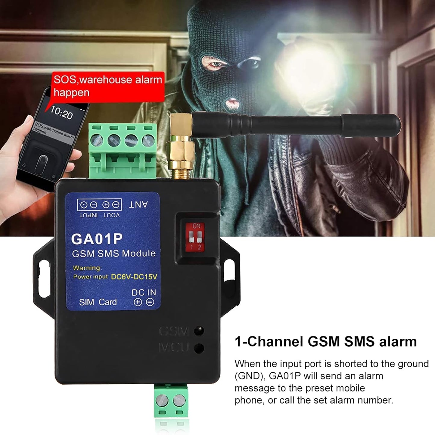 1-Channel GSM SMS Alarm, Power Failure Alert, Customizable Alarm Message, Smart & Slim Design, Wide Sensor Compatibility with Door Magnetic Switch, Gas Detector, Water Level Sensor