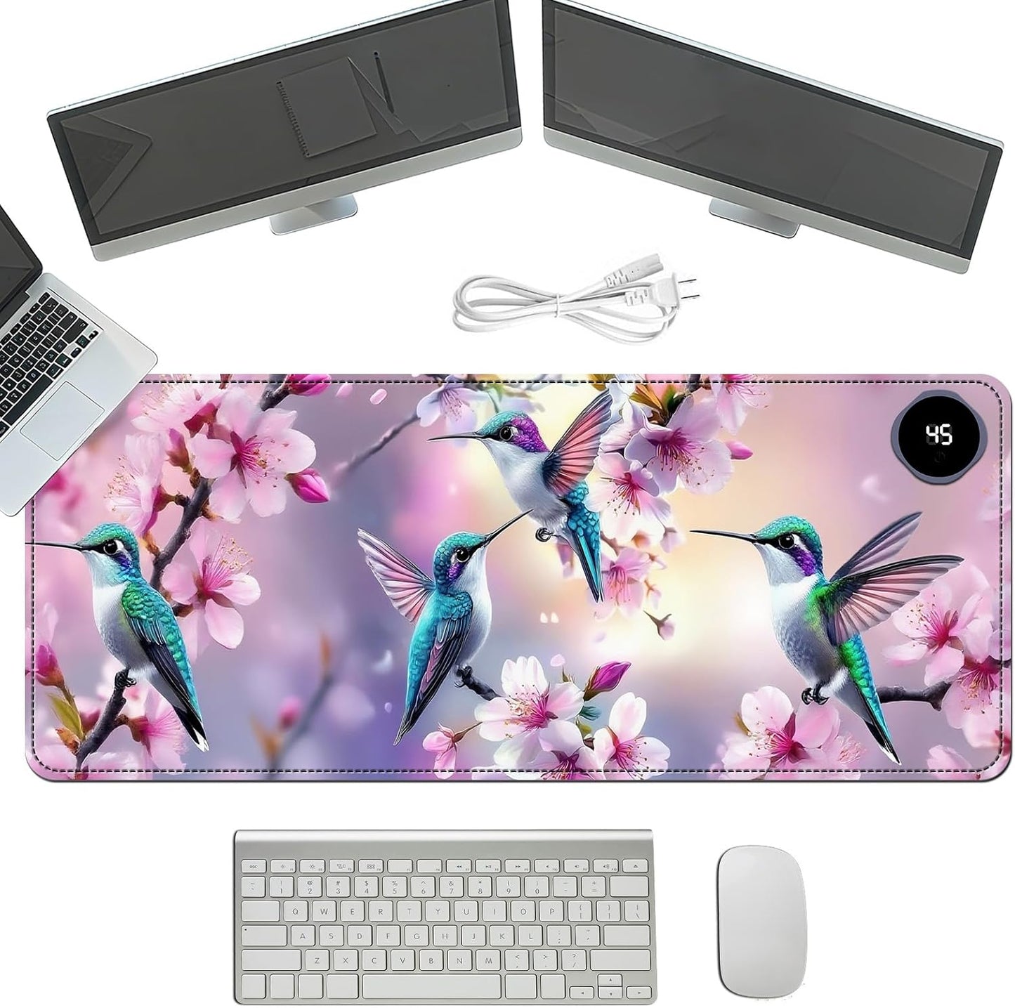 Heated Mouse Pad with 3 Temperature Settings(104°F–122°F),Large 31.5x13 Inch PU Leather Heated Desk Mat,Waterproof Warming Pad for Office,Gaming & Cold Hands Relief,Hummingbirds Flowers