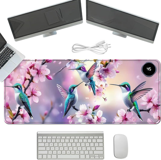 Heated Mouse Pad with 3 Temperature Settings(104°F–122°F),Large 31.5x13 Inch PU Leather Heated Desk Mat,Waterproof Warming Pad for Office,Gaming & Cold Hands Relief,Hummingbirds Flowers