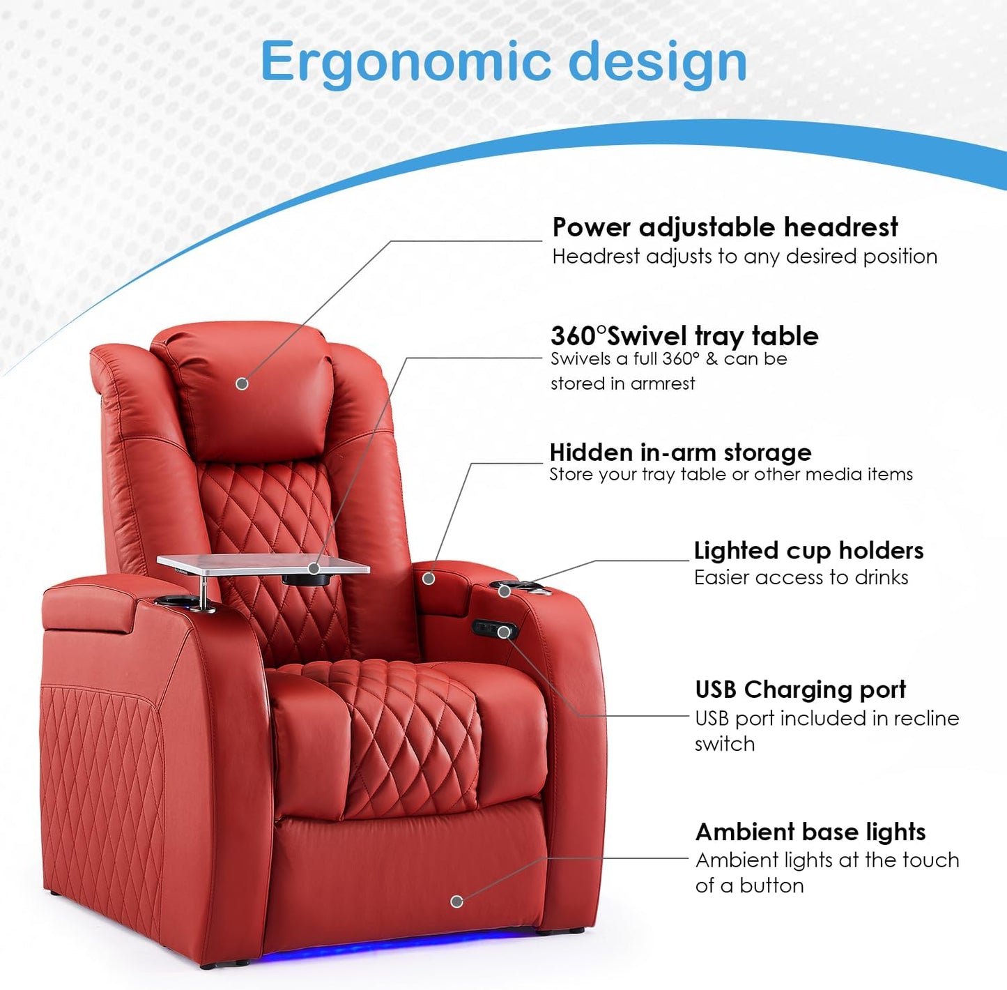 Weilianda Home Theater Seating Top Grain Leather Zero Gravity Recliner Chair Power Headrest Recline Movie Seat Gaming 7 Colors Mood Light Sofa with Tray Table USB Charge Row of 3 Loveseat Right Red