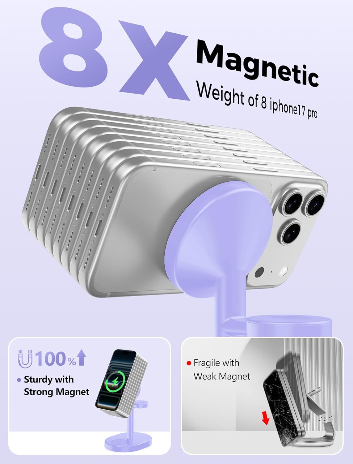 2025 3 in 1 Wireless Charging Station for Apple MagSafe Charger, 15W Fast Magnetic Mag-Safe Charger Stand for iPhone 17 16 15 14 13 12 Apple Watch AirPods Compatible with MagSafe, Purple