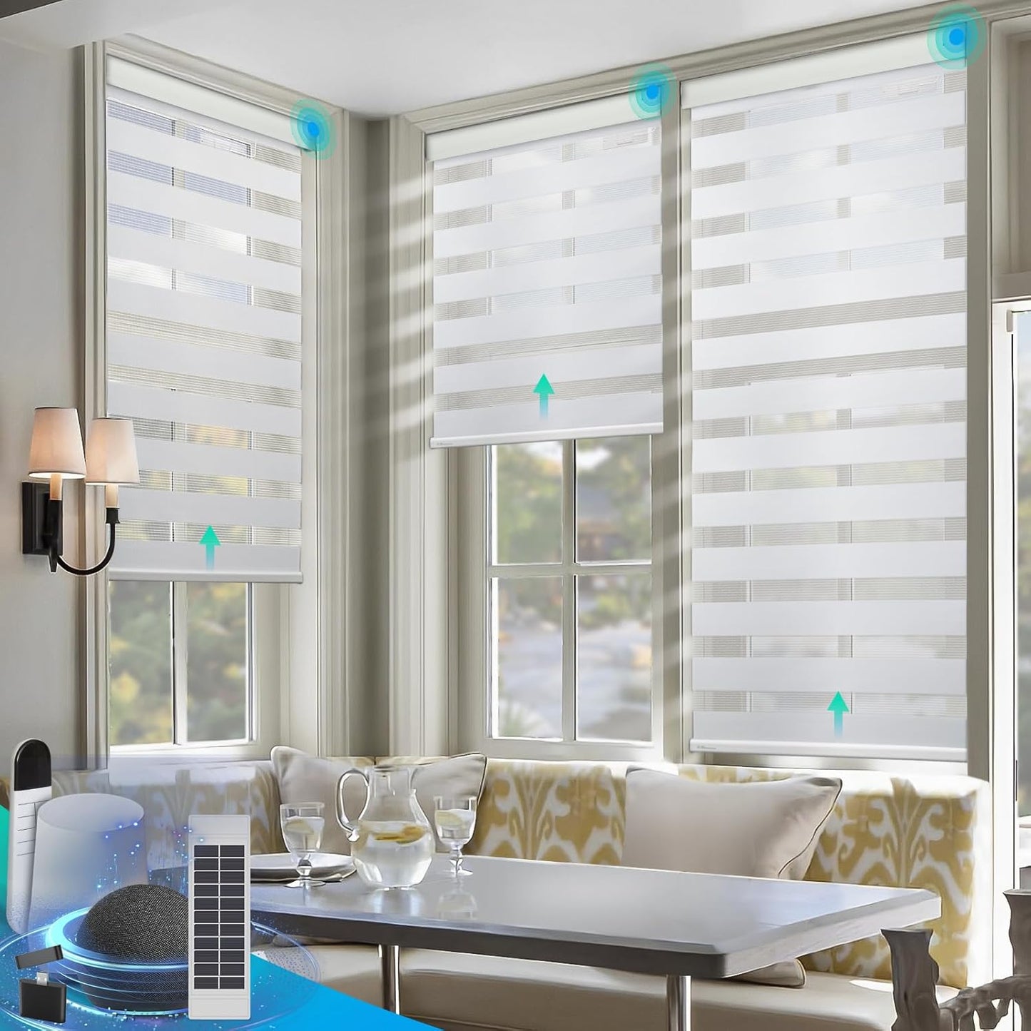 DENFOON Motorized Zebra Blinds, Solar Powered Dual Layer Automatic Shades with Remote Control, Rechargeable Smart Blinds Horizontal Wireless Electric Shades for Windows, Custom Size, White， 31 x 72