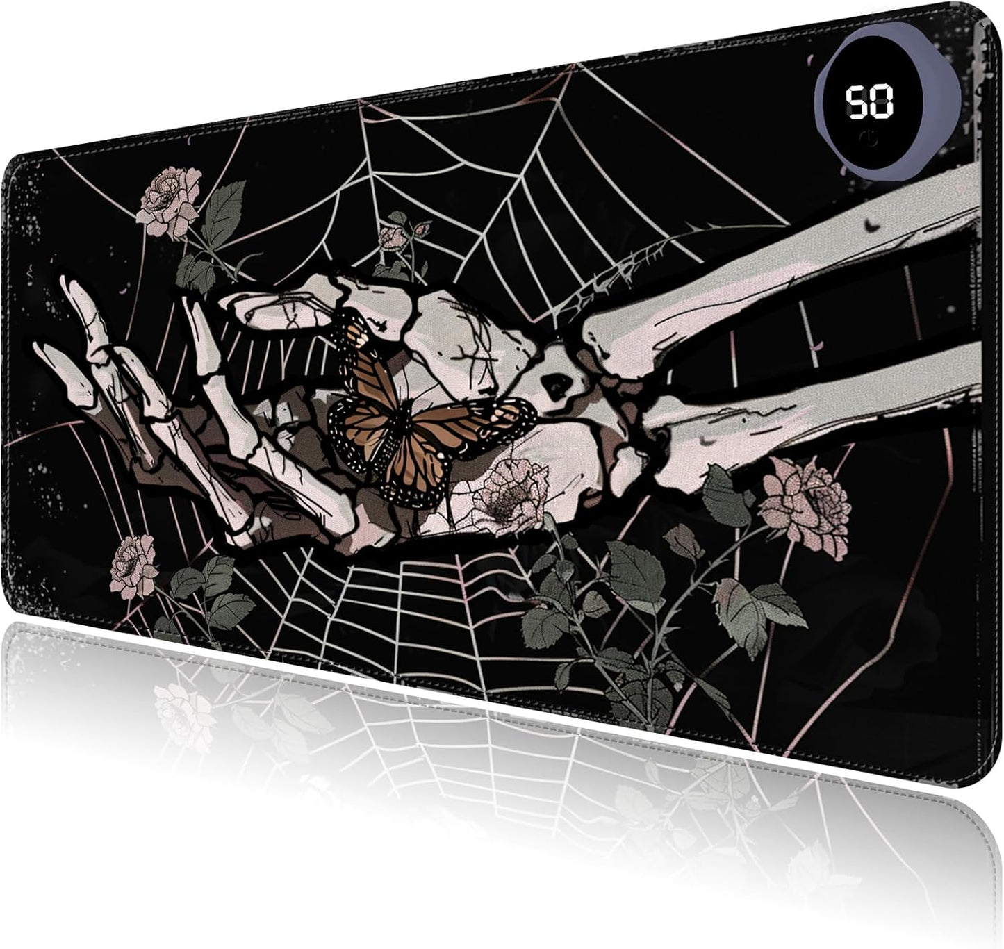 Heated Mouse Pad with 3 Levels Heated & 3 Hours Auto Shut-Off Mouse Pad for Warming Hands in Office Home, 23.6" x 14.2"Large Safe Desk Mat Hand Warmer，Skeleton Hand Spider Web