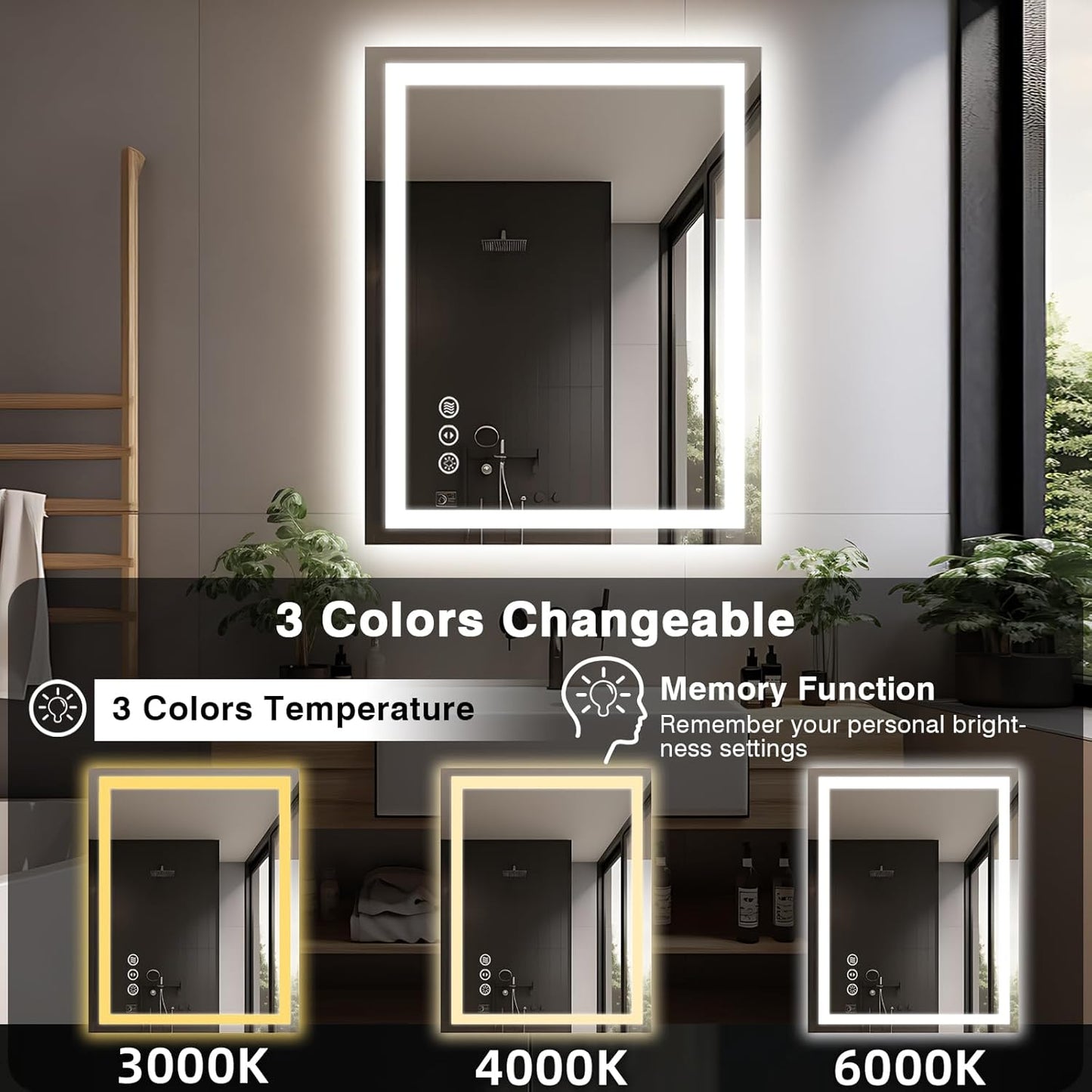 28"x36" LED Bathroom Mirrors for Wall, Front and Backlit Mirror, Anti-Fog Vanity Mirror with Lights, Stepless 3 Colors Dimmable Smart Lighted Mirror(Horizontal/Vertical)