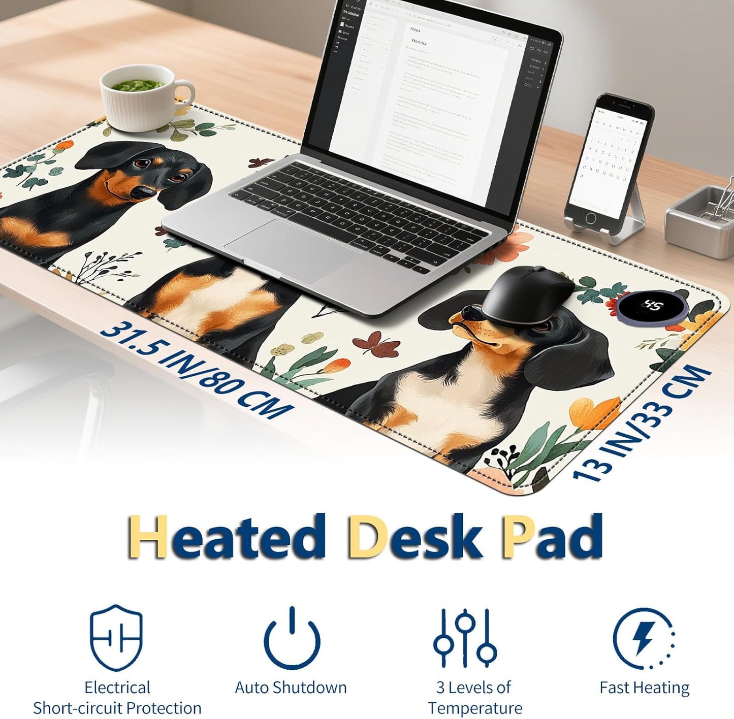 Heated Mouse Pad with 3 Temperature Settings(104°F–122°F),Large 31.5x13 Inch PU Leather Heated Desk Mat,Waterproof Warming Pad for Office,Gaming & Cold Hands Relief,Dogs and Flowers