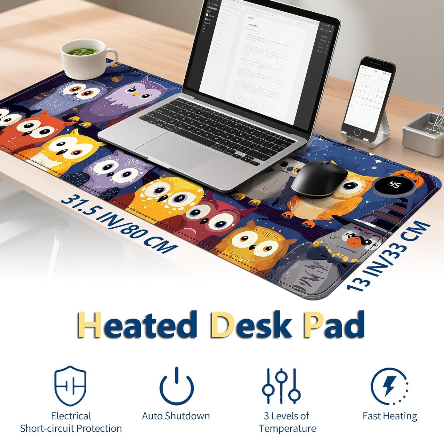 Heated Mouse Pad with 3 Temperature Settings(104°F–122°F),Large 31.5x13 Inch PU Leather Heated Desk Mat,Waterproof Warming Pad for Office,Gaming & Cold Hands Relief,Colorful Night Owls