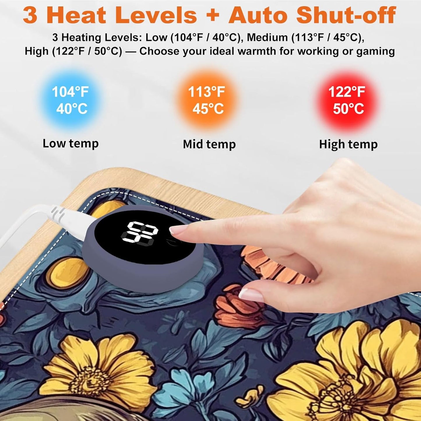 Heated Mouse Pad for Desk 31.5" x 13" – PU Leather Warm Desk Pad with 3 Heat Levels (104°F/113°F/122°F), Plug-in Electric Heating Mat with Auto Shut-Off, Waterproof & Rollable, Floral Skull