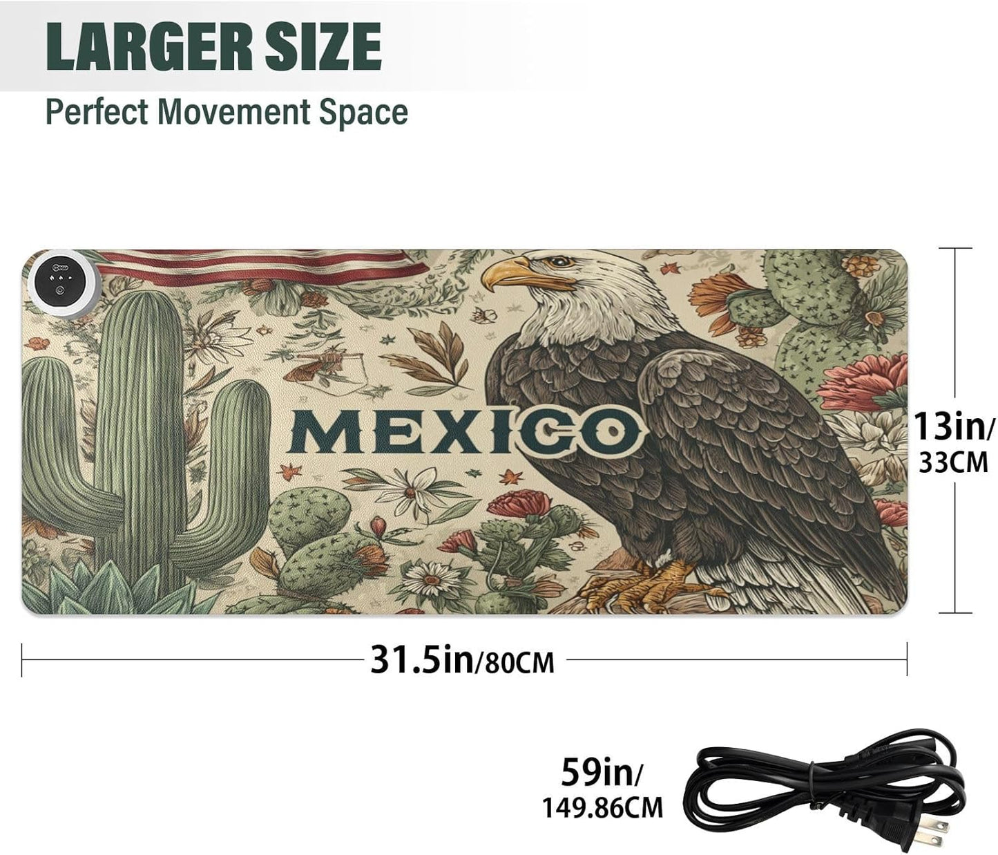 Heated Desk Pad Mouse Pad 31.5x13 Inch PU Leather Desk Mat with 3 Heat Levels Large Mouse Gaming Computer Laptop Mat Retro Mexico American Eagle Cactus Beige