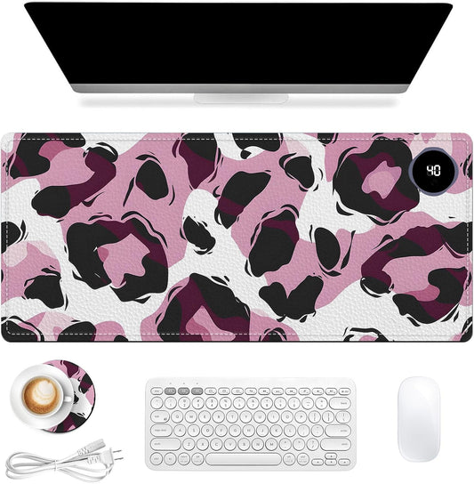 Heated Mouse Pad, Warm Desk Pad, Keyboard Mat 31.5 x 13 Inch Large Size Intelligent Fast Heating, 3 Speed Adjustable, Timed Auto Power Off for Game Office Home,Pink Leopard Print