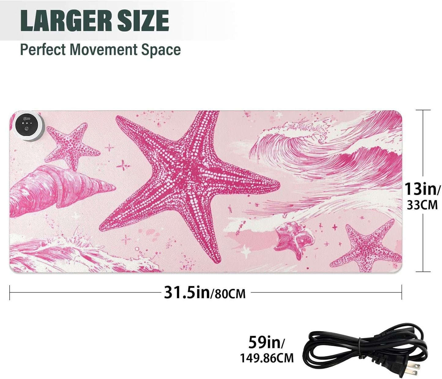 Heated Desk Pad Mouse Pad 31.5x13 Inch PU Leather Desk Mat with 3 Heat Levels Large Mouse Gaming Computer Laptop Mat Bright Pink Starfish Waves Shells