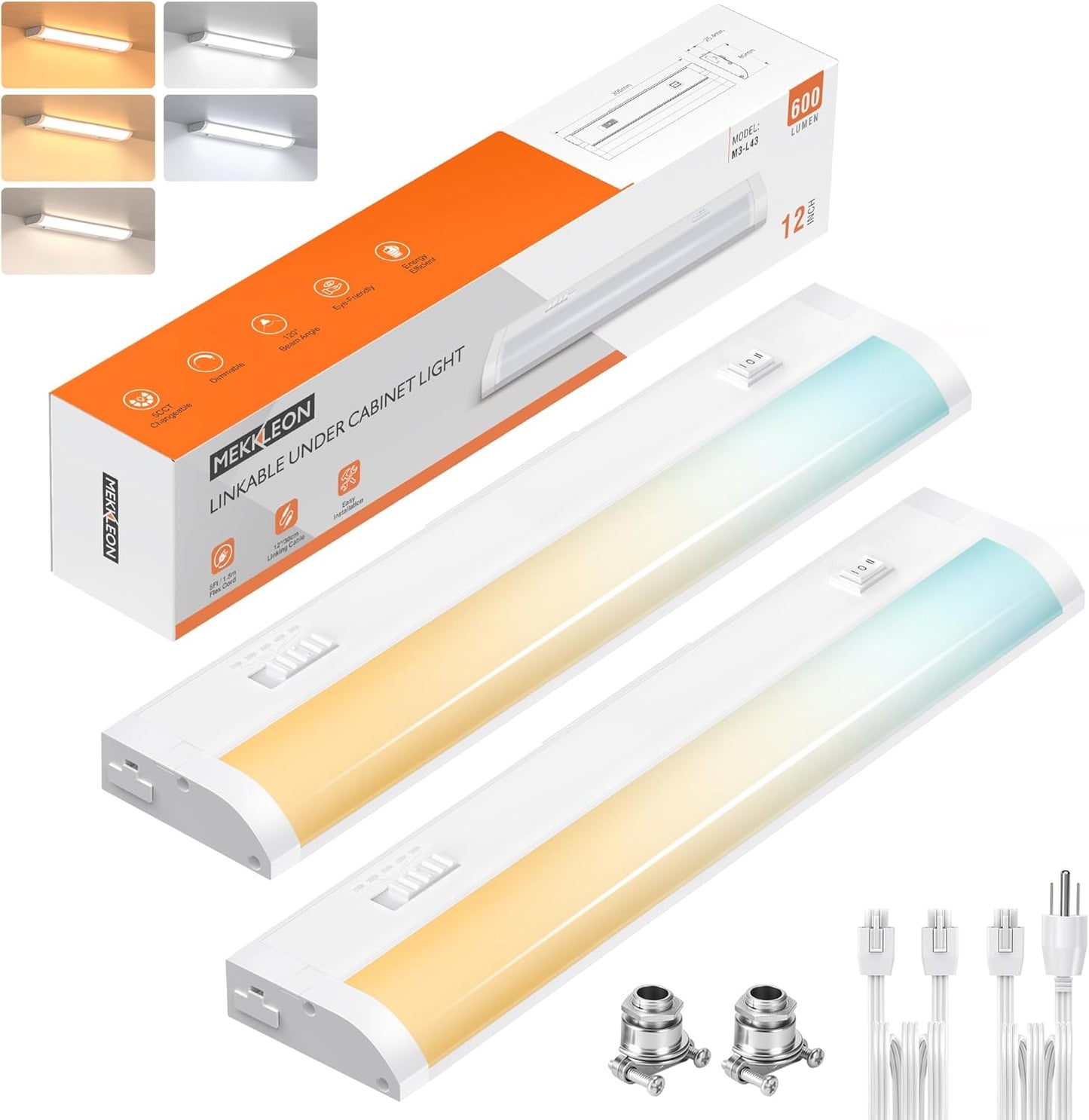 12inch Linkable Under Cabinet Lighting Hardwired Plug-in, Wired led Under Cabinet Lights with 5 CCT (2700/3000/3500/4000/5000) & Dimmable, Under Counter Lights for Kitchen, 6W, 600LM, 2 Pack
