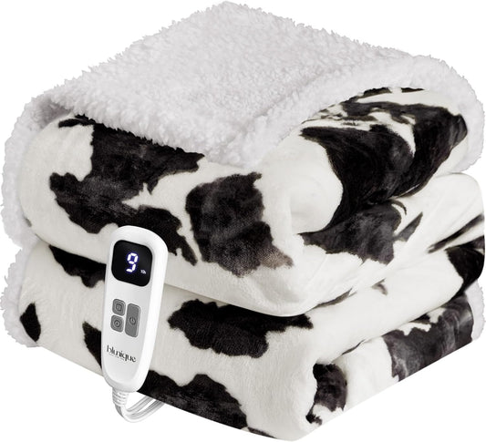 Heated Blanket Throw Electric Blanket – Fast Heating Blanket with 10 Heat Settings & 10 Hours Auto Off, Cow Print Blanket Cozy Soft Fleece Sherpa, Washable, Warm Gifts for Grandma