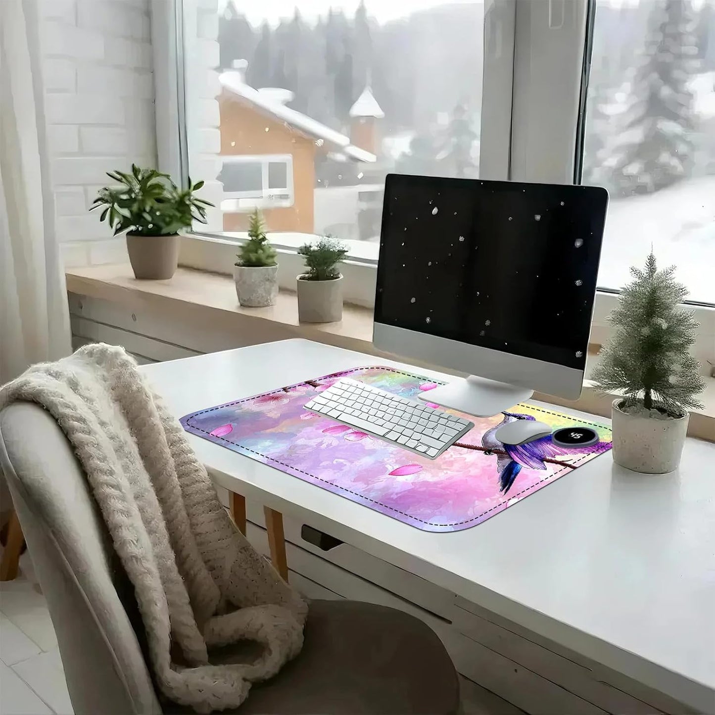Heated Mouse Pad with 3 Temperature Settings(104°F–122°F),Large 24x14.2 Inch PU Leather Heated Desk Mat,Waterproof Warming Pad for Office,Gaming & Cold Hands Relief,Hummingbird Cherry Bloom