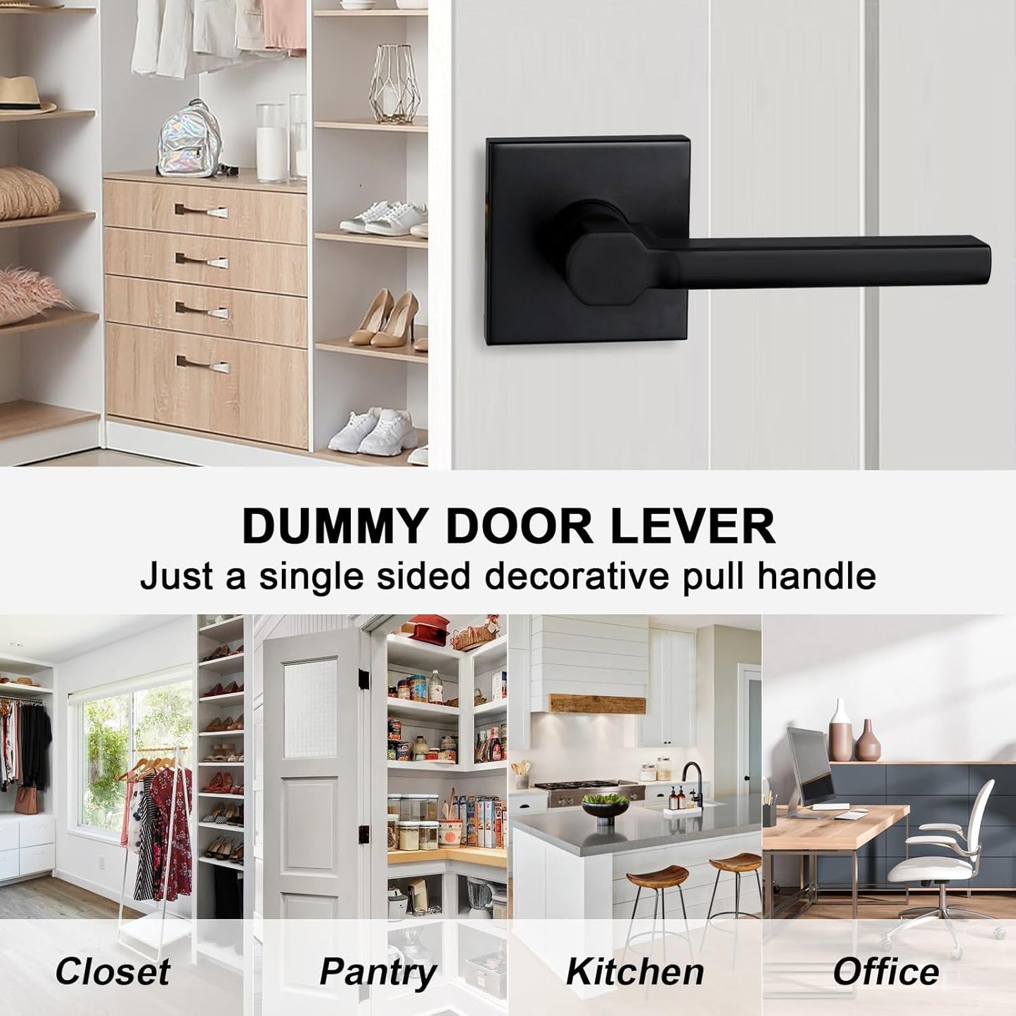 1 Pack Dummy Door Levers in Matte Black, Heavy Duty Interior Handle Lock for Closet Pantry, Non-Turning, Single Sided, Reversible for Left/Right Hand