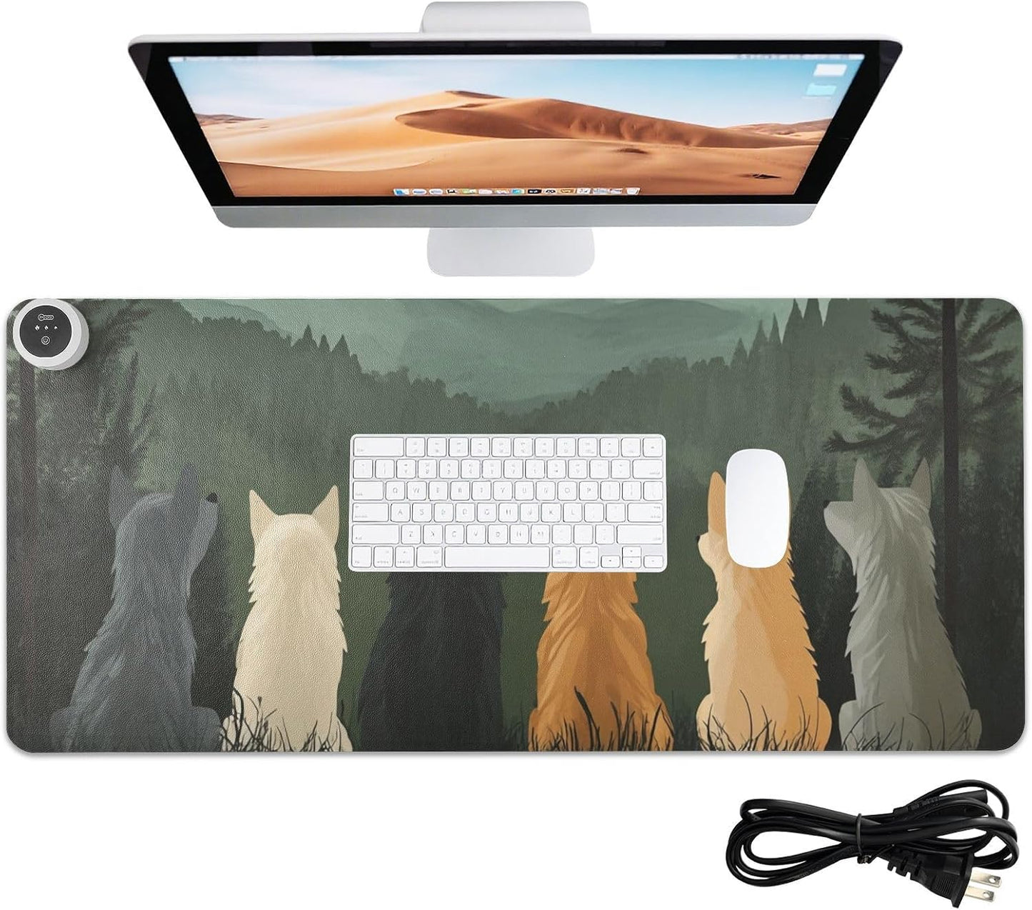 Heated Desk Pad Mouse Pad 31.5x13 Inch PU Leather Desk Mat with 3 Heat Levels Large Mouse Gaming Computer Laptop Mat Cute Wolves Back and Green Mountain