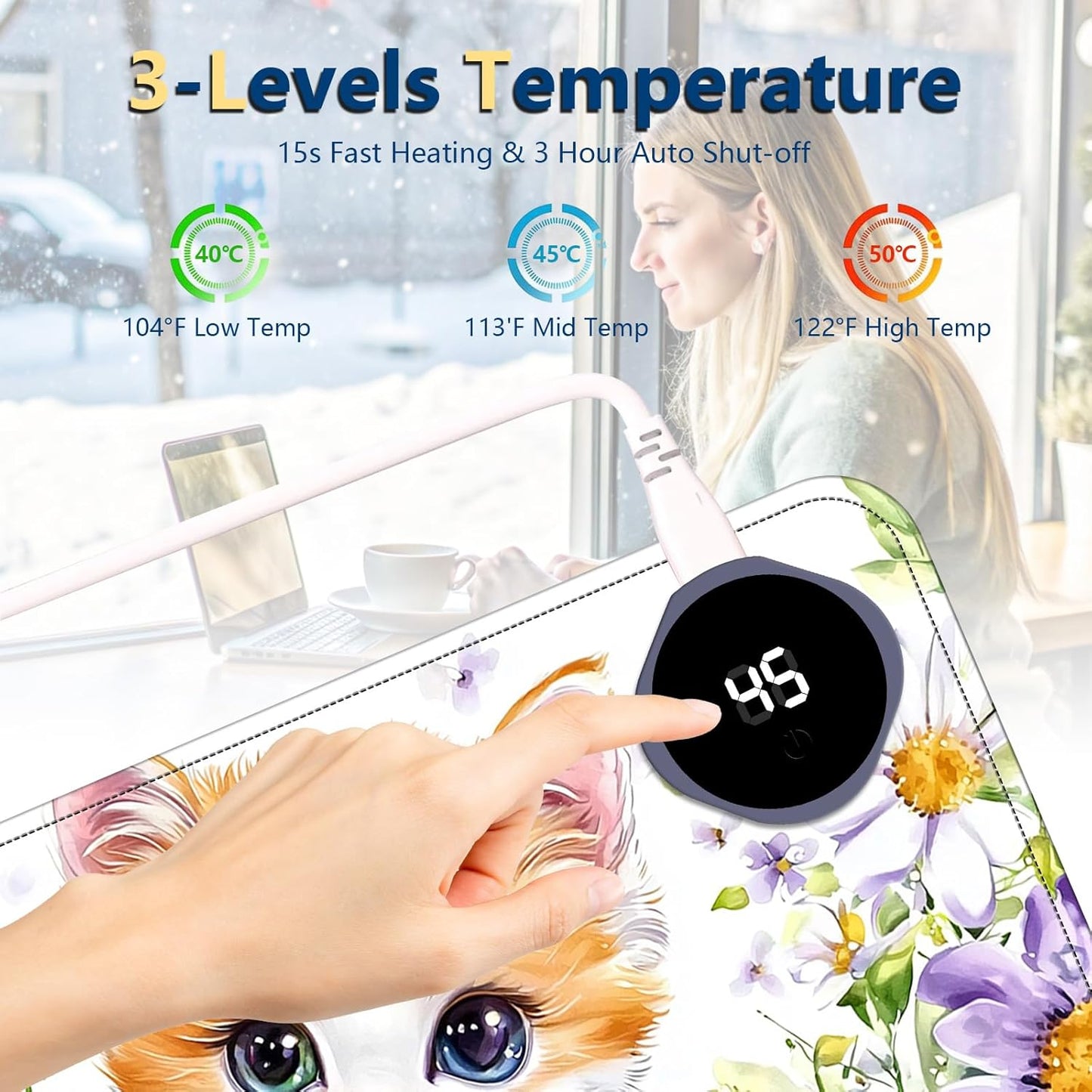 Heated Mouse Pad with 3 Temperature Settings(104°F–122°F),Large 24x14.2 Inch PU Leather Heated Desk Mat,Waterproof Warming Pad for Office,Gaming & Cold Hands Relief,Cute Cat Flower