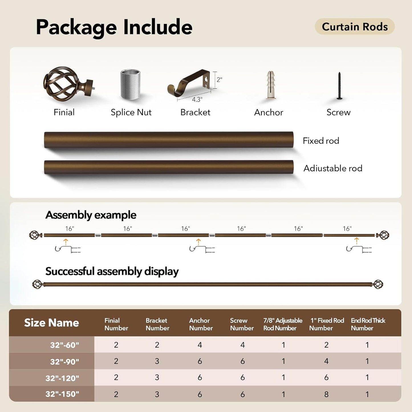 Curtain Rods for Windows 48 to 84, 1 Inch Adjustable Decorative Bronze Curtain Rod with Twisted Cage End, Modern Heavy Duty Drapery Rods for Bedroom, Telescoping Splicing Structure, Size 32"-90"