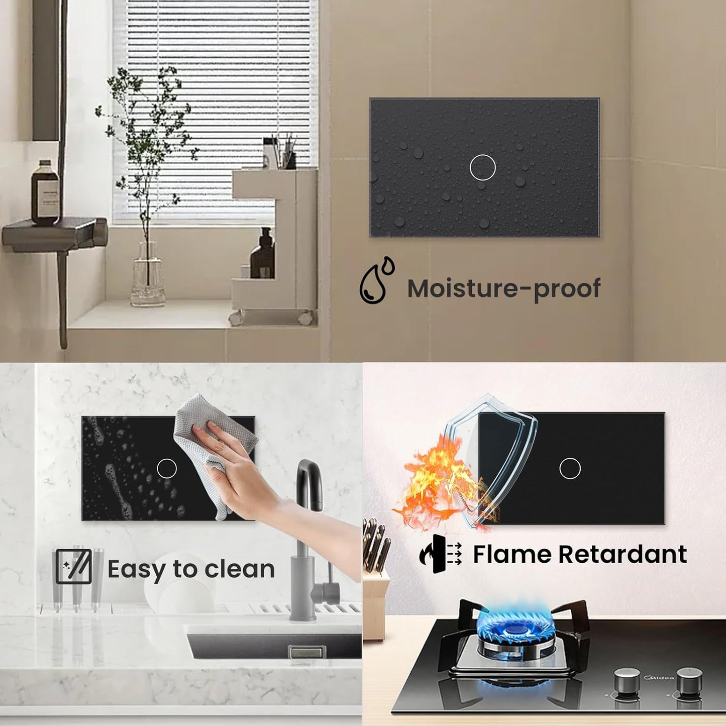 2 Way Light Switch 118X72X34MM No Neutral Wire, Wall Touch Switch 1000W, Tempered Glass Panel, FCC, Black 1 Gang
