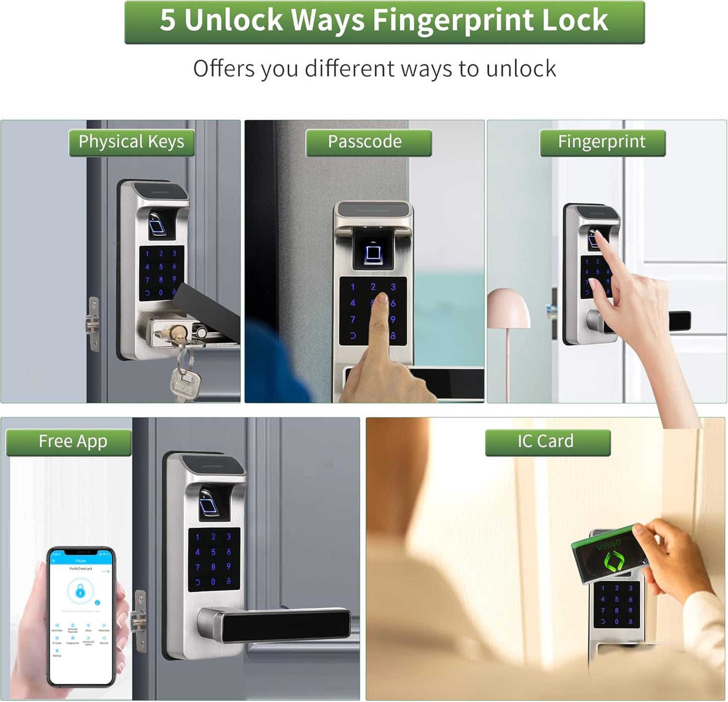 Harfo Smart Door Lock, Heavy Duty 5 in 1 Keyless Entry Door Lock, Full App Control Digital Keypad Lock, Reversible Handle with Fingerprints and Passcodes for Family/Office/Apartment (Satin Nickel)