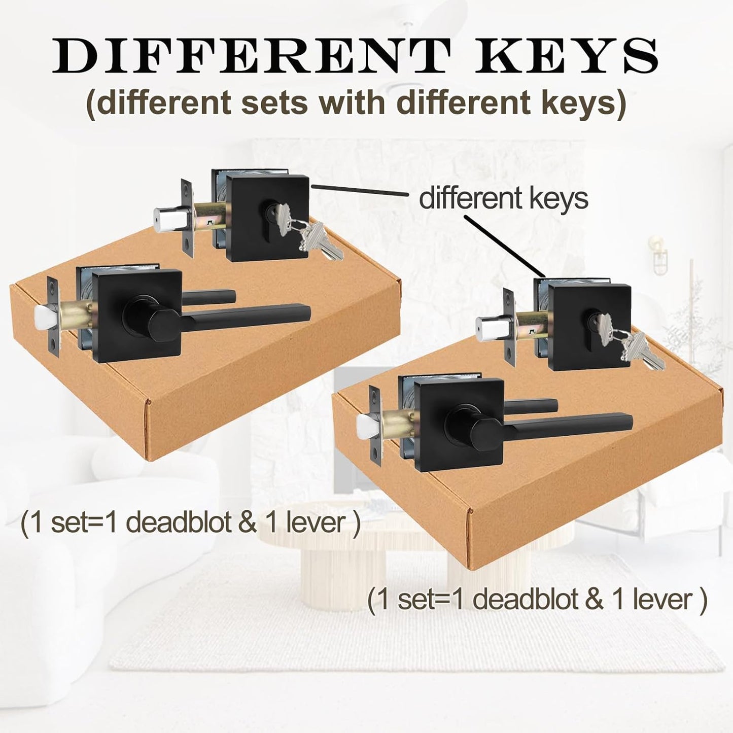 2 Sets Passage Door Lever and Single Cylinder Deadbolt Lock Set, Heavy Duty Square Handle for Entrance and Front Door, Matte Black, Different Keys