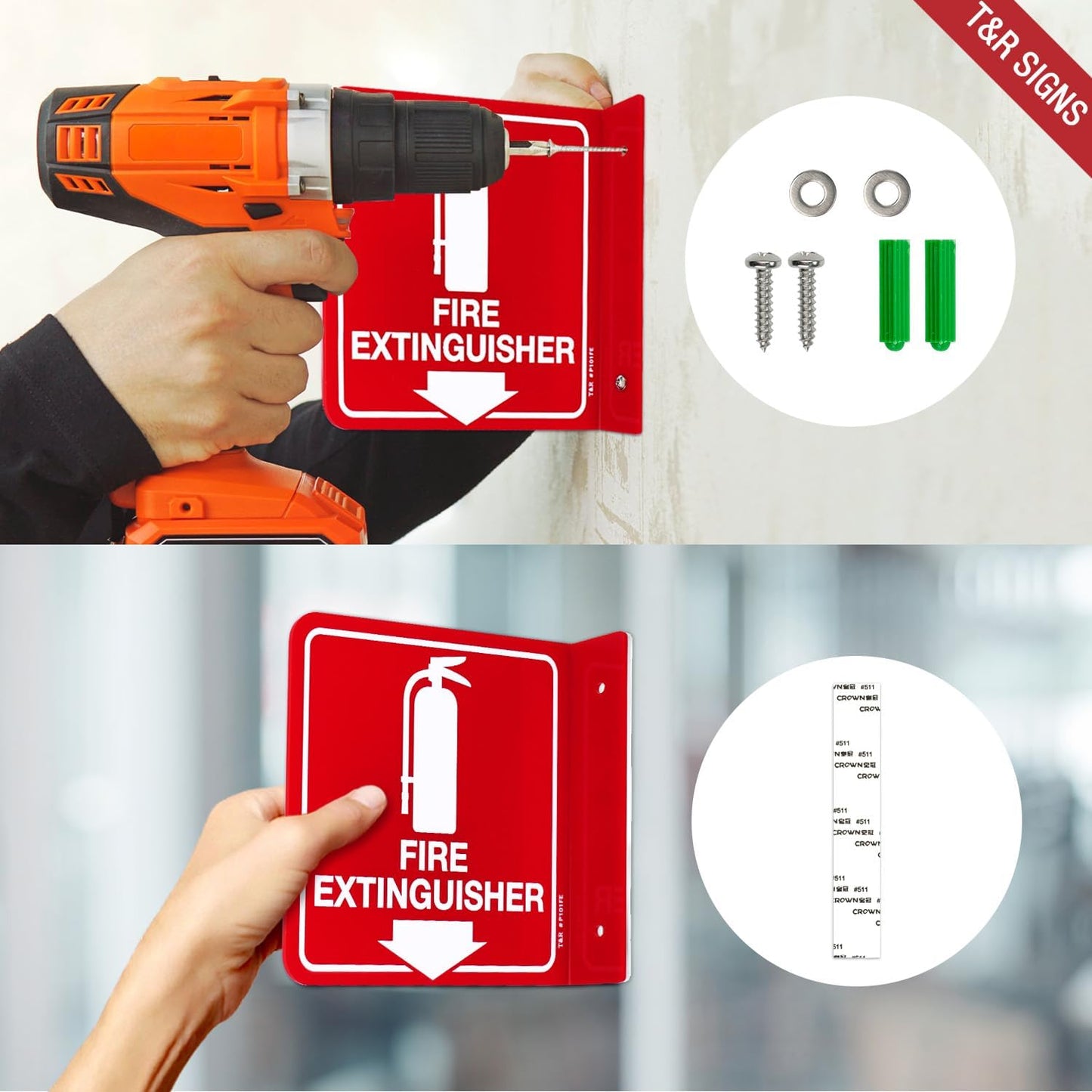 T&R Fire Extinguisher Sign, Fire Extinguisher with Down Arrow - 4 Pack - 6 x 6 Inches Acrylic, 2 pre-drilled holes, Includes Matching Screws, Use for Home Office/Business