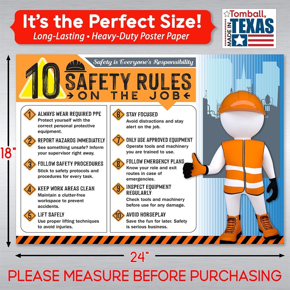 10 Safety Rules on the Job Poster – 18x24 Durable Laminated Safety Sign, Tear-Resistant, Waterproof Workplace Safety Poster for Industrial and Construction Settings (Pack of 2)