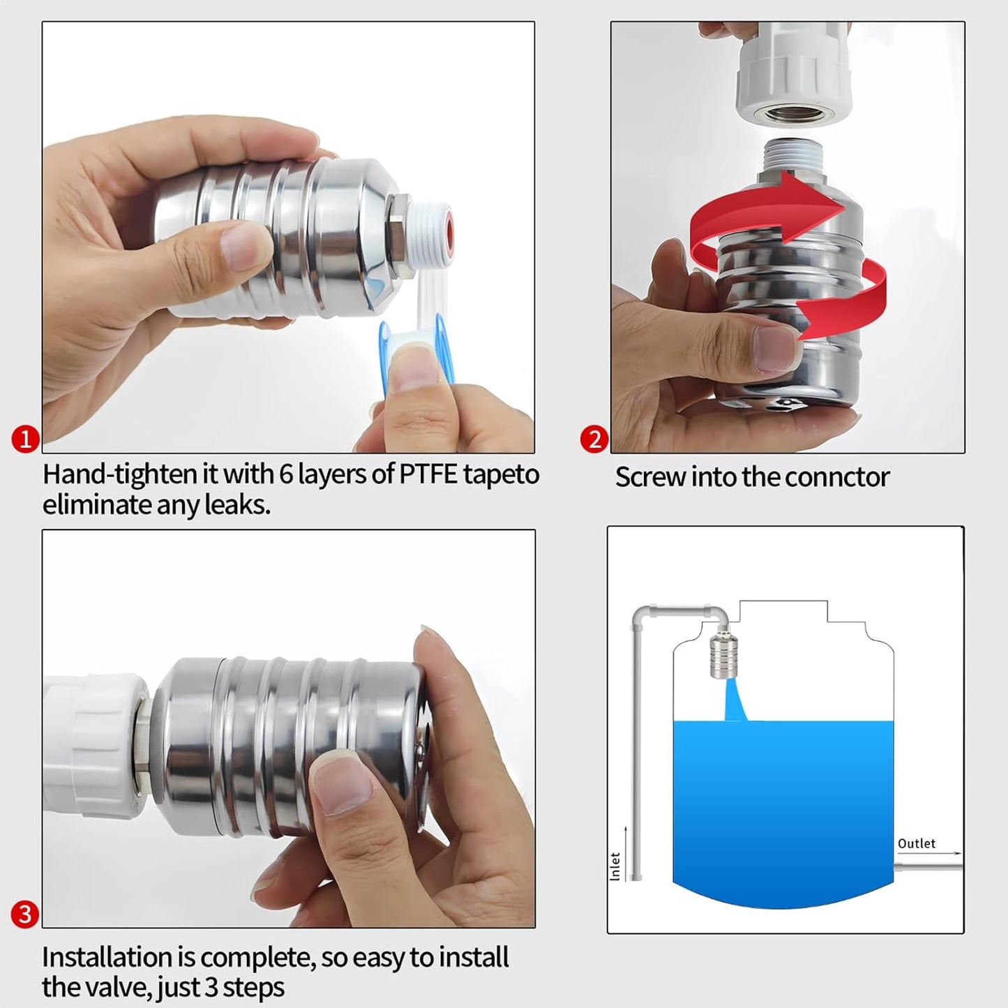 1/2 Inch Water Float Valve 304 Stainless Steel Automatic Water Level Control Valve No Need Electricity Water Level Controller Auto Fill Shut Off Mini Float Valve for Water Tank,Pool,Pond,Tower