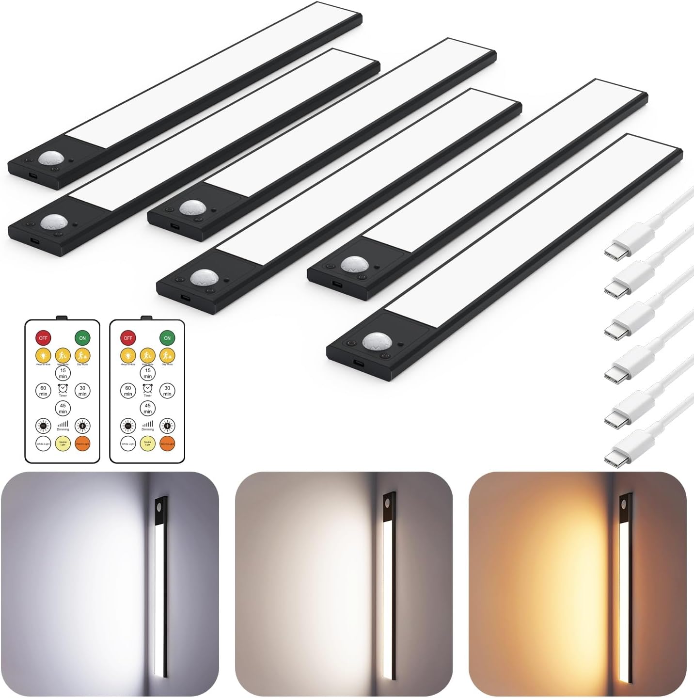 12" Ultra-Thin Under Cabinet Lighting Cordless, Aluminum Alloy Under Counter Lights for Kitchen, 3-Color-Temps Magnetic Closet Lights, Rechargeable Motion Sensor Light Indoor (6 Pack, Black)