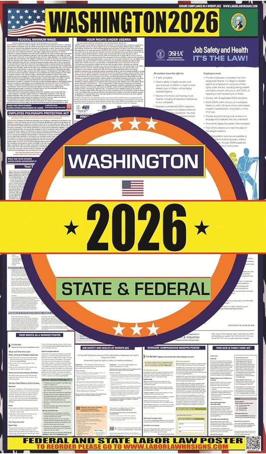 2026 Washington (WA) State Labor Law Poster - State, Federal and OSHA Compliant Laminated Poster - Spanish Version - Ideal for Posting in The Workplace - Easy to Read