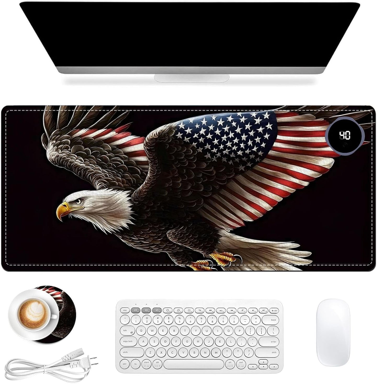 Heated Mouse Pad, Warm Desk Pad, Keyboard Mat 31.5 x 13 Inch Large Size Intelligent Fast Heating, 3 Speed Adjustable, Timed Auto Power Off for Game Office Home,Soaring American Flag Eagle