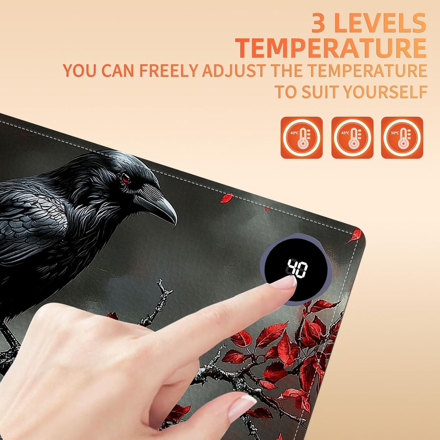 Heated Mouse Pad 23.6 x 14 in 3-Temp Fast Heating Desk Mat with Auto Timer Warmer for Hands Wrist Pain Relief Waterproof Keyboard Mat for Office, Gaming, Home, Raven Red Berries