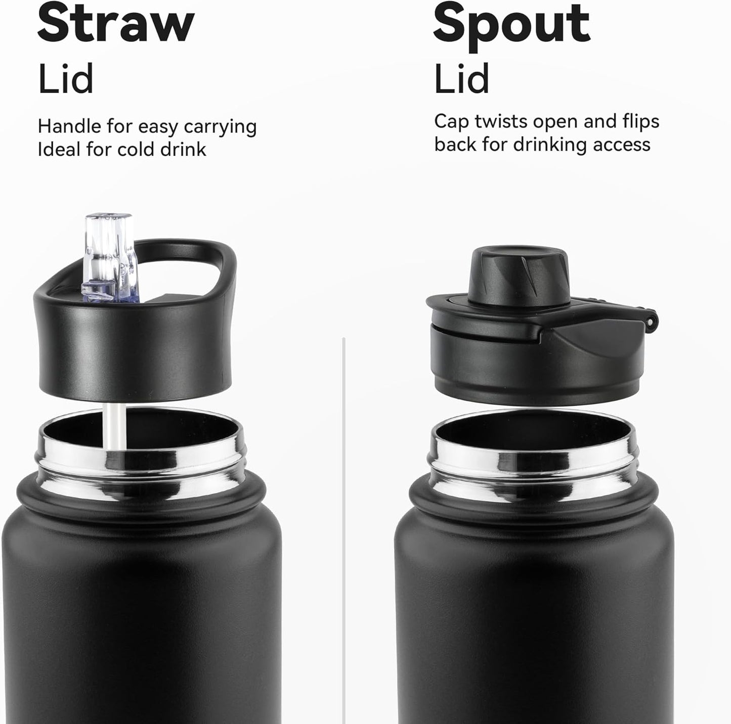 24oz Insulated Water Bottle with Straw Lid, Stainless Steel Metal Water Bottle with Straw & Wide Mouth Lid, Double Wall Vacuum Water Bottle for Hiking Camping, Black 4 Pack