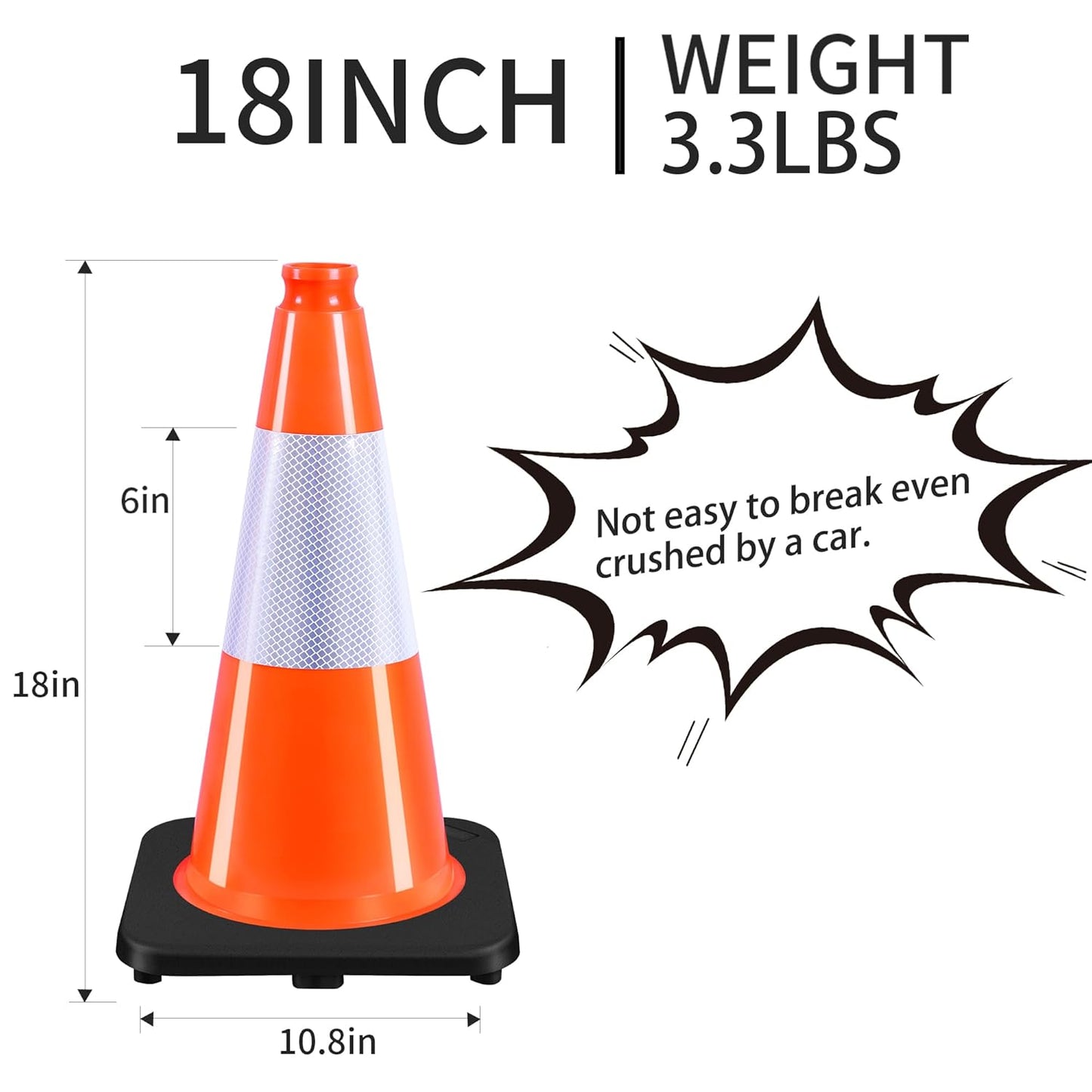 (8 Pack) 18 Inch Heavy Duty Traffic Cones with Reflective Collars, PVC Orange Safety Cones & Black Weighted Base for Parking Lots, Construction, Road Control