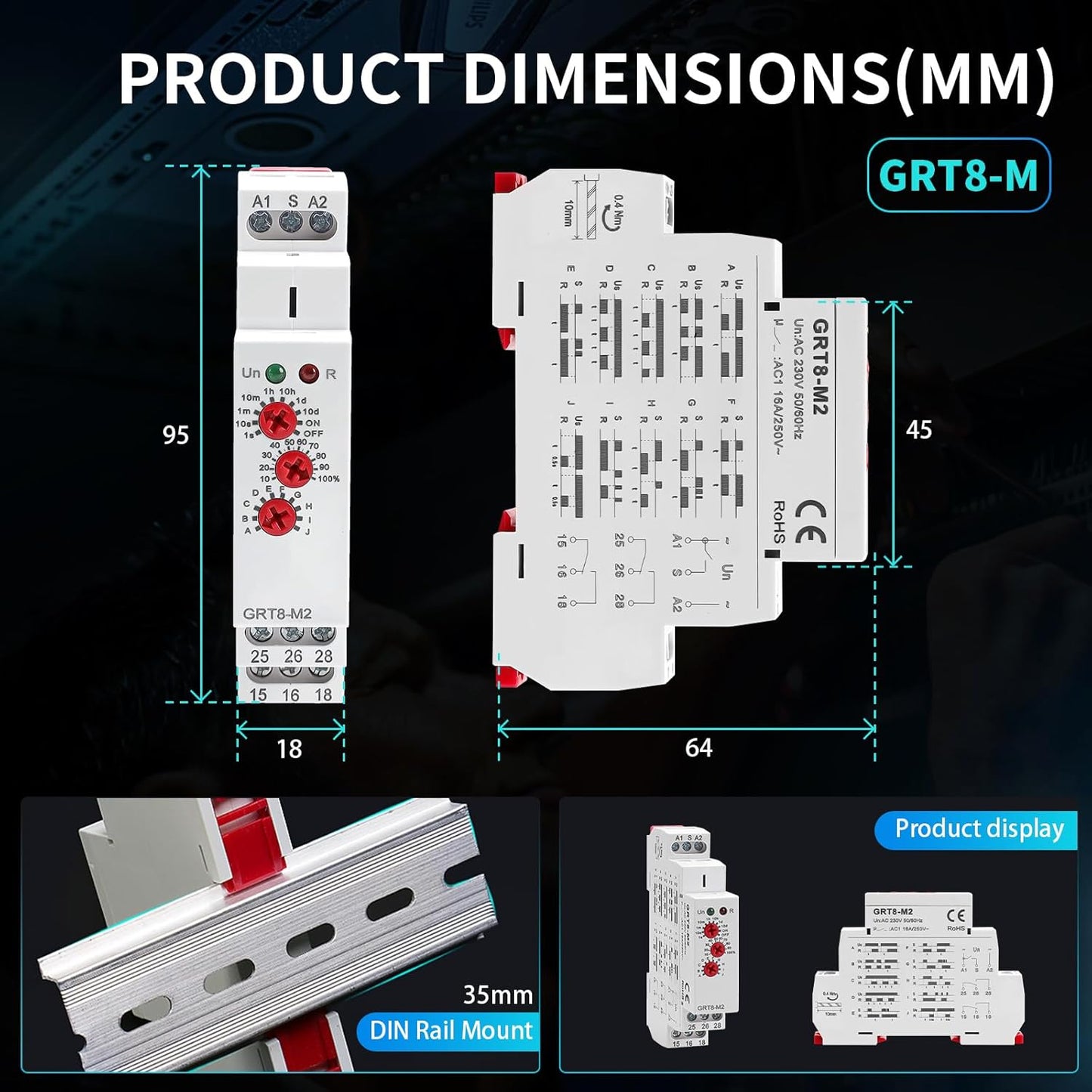 GRT8 M2 Multifunction Time Relay Module 16A 2 Outputs, AC230V Adjustable Delay Timer, 0.1s-10 Days Wide Time Range Delay AC230V Factory Automation Time Relay Universal Voltage DIN Rail